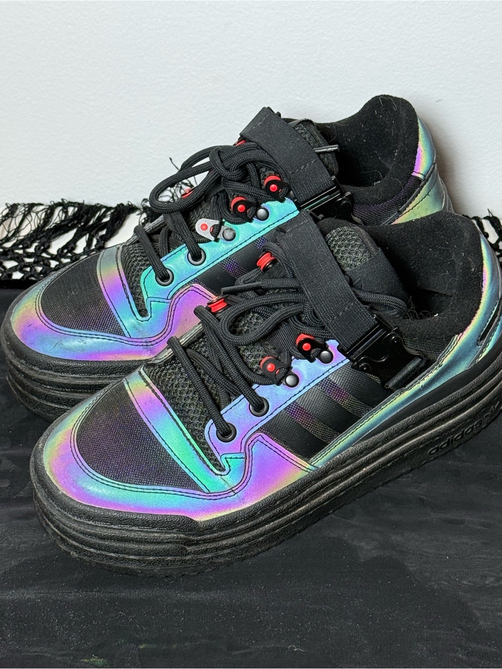Rare! adidas women’s Black Iridescent Platform Sneakers with Rainbow Accents